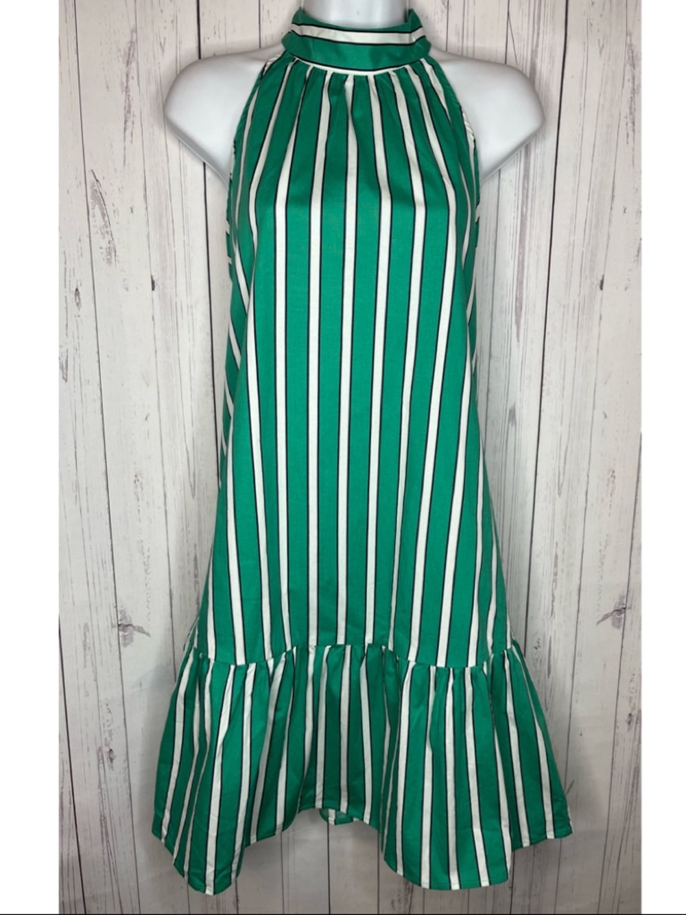 Rachel Zoe Green & White Striped Halter Ruffle Hem Shift Dress Size Large NWT